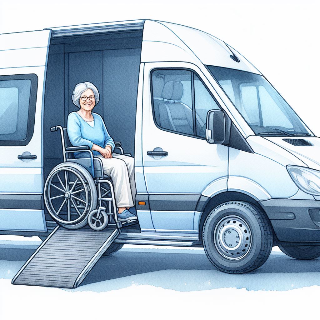 Passenger in a wheelchair sitting comfortably in a white medical transport van.